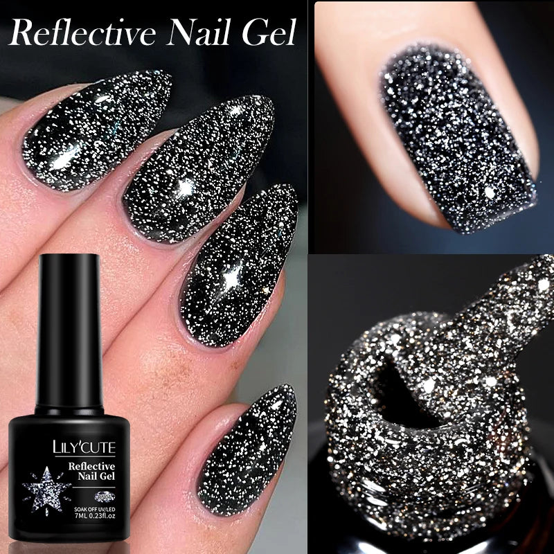 LILYCUTE 7ml Reflective Glitter Gel Nail Polish Shining Sparkling Gorgeous Silver Effect Semi-permanent UV Gel Nail Art Manicure