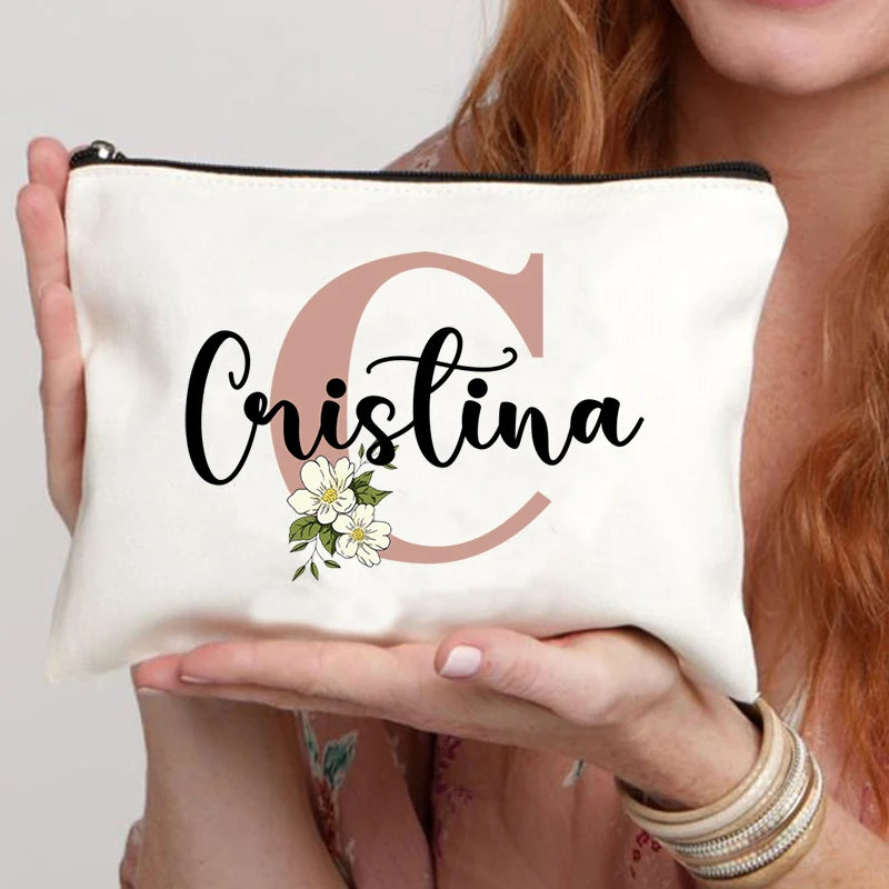 Floral Letters Custom Name Makeup Bag Best Gift for Bridesmaid Teachers Friends Women Purse Personalise Gift for Birthday