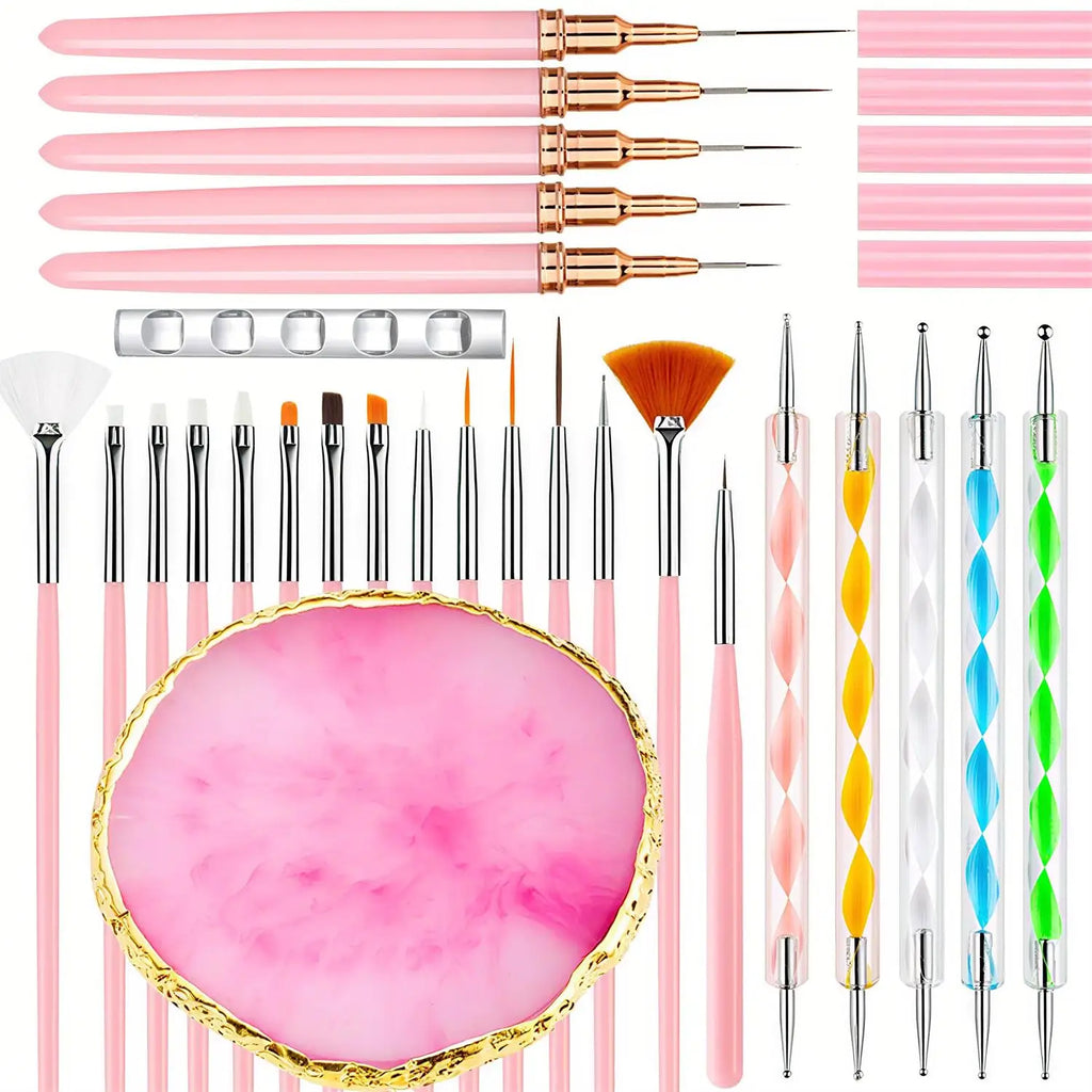 27-Piece Professional Nail Set: Brushes + Dotting Tools + Liners + Palette & Stand | Complete Salon & Home DIY Kit