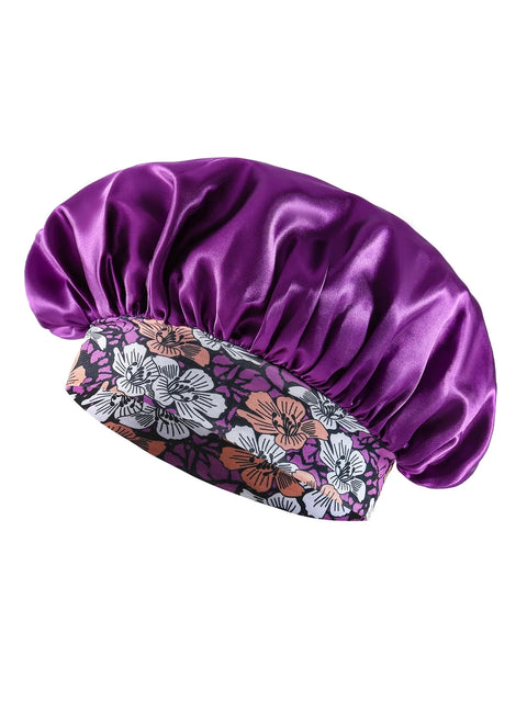 Women's Fashion Bonnet Flower Printed Hair Hat with Wide Edge Elastic Silk Smooth Satin Face for Daily Home Sleep Hat