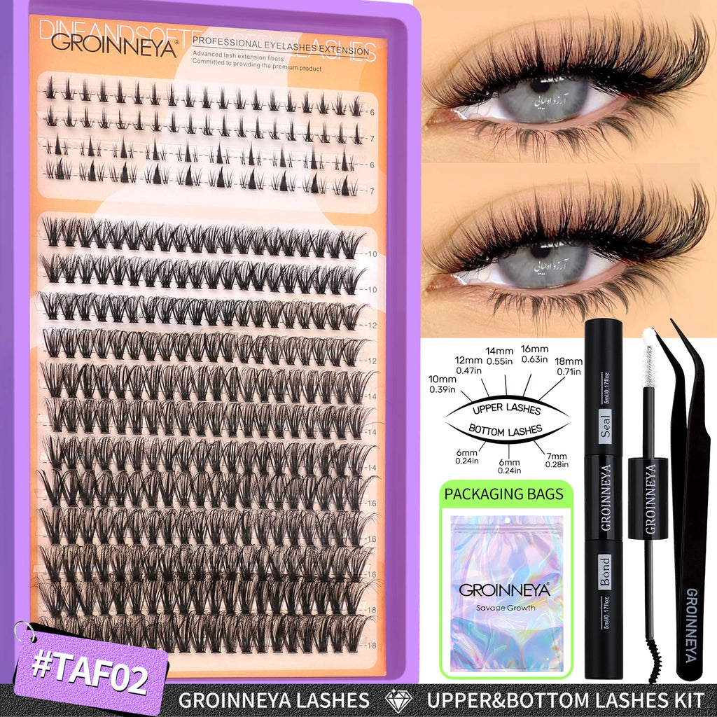 GROINNEYA Lashes Clusters Kit With Lash Bond And Seal And Eyelash Tweezers Waterproof Strong Hold DIY Lash Extension Kit Makeup