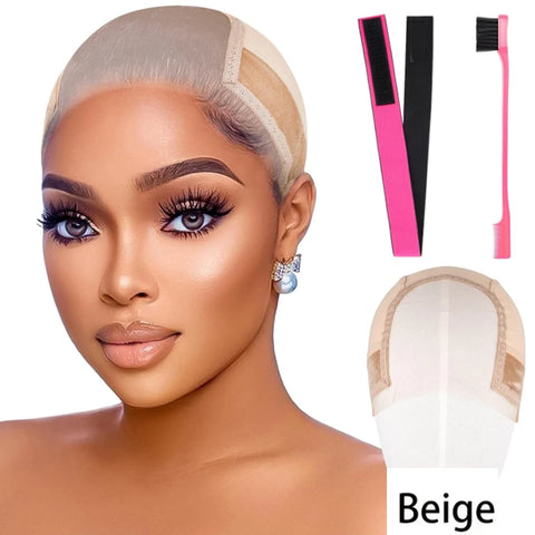 Women Lace Wig Adjustable Grip Cap Wig Caps for Non Slip with Ear-Cutouts Adjustable Velcro Headband,Gift of bandage and brushe