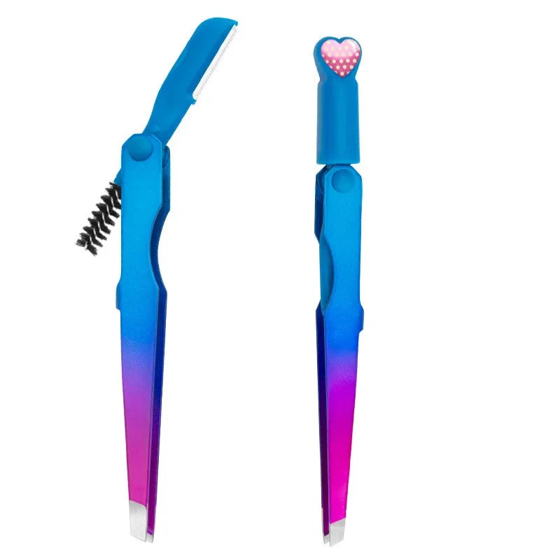 3 In 1 High-precision Eyebrow Tweezers Professional Eyebrow Trimmer with Brush Beard Removal Clips Eyelashe Grafting Tweezer 1pc