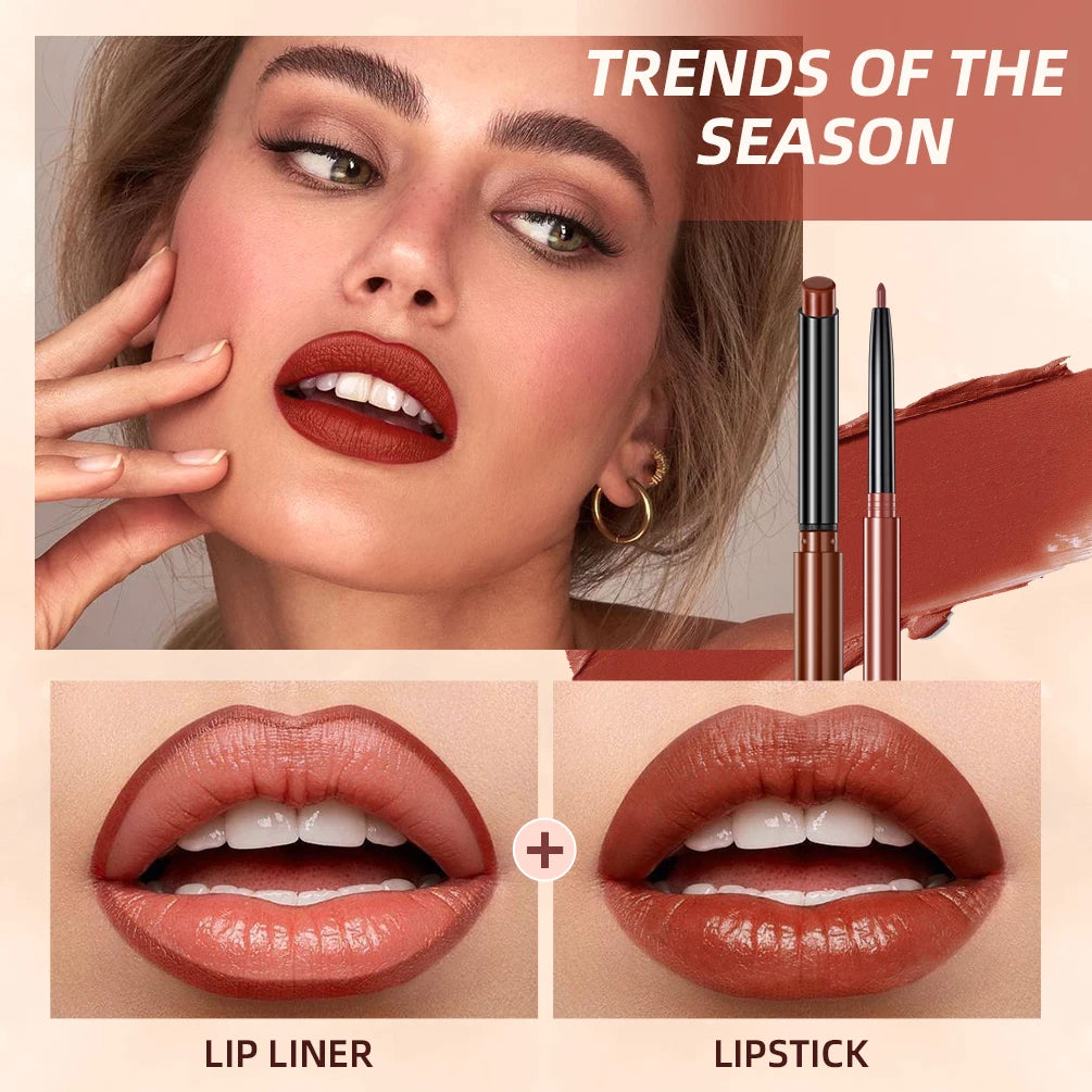 2pcs Lipstick Lipliner Pen Set Matte Waterproof Lip Liner Pencil Contour Makeup Sexy Red Lip Stick Long Lasting Cosmetics Beauty
