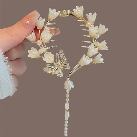 Flower Tassel Hair Clip Women Ladies Butterfly Rhinestone Pearl Metal Hair Claw Round Bun Ponytail Holder Hair Accessories