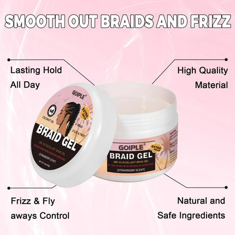 GOIPLE 5.3oz Strawberry Scent Braid Gel with Coconut Oil Loc & Twist Styling Frizz Control Smooth Hair Extra Hold Shaping Pomade