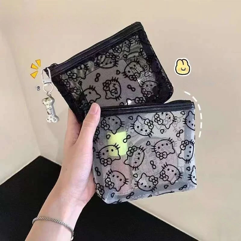 Kawaii Sanrio Hello Kitty Coin Purse Anime Cartoon Fashion KT Mesh Style Portable Makeup Bag Earphone Storage Bag Holiday Gifts