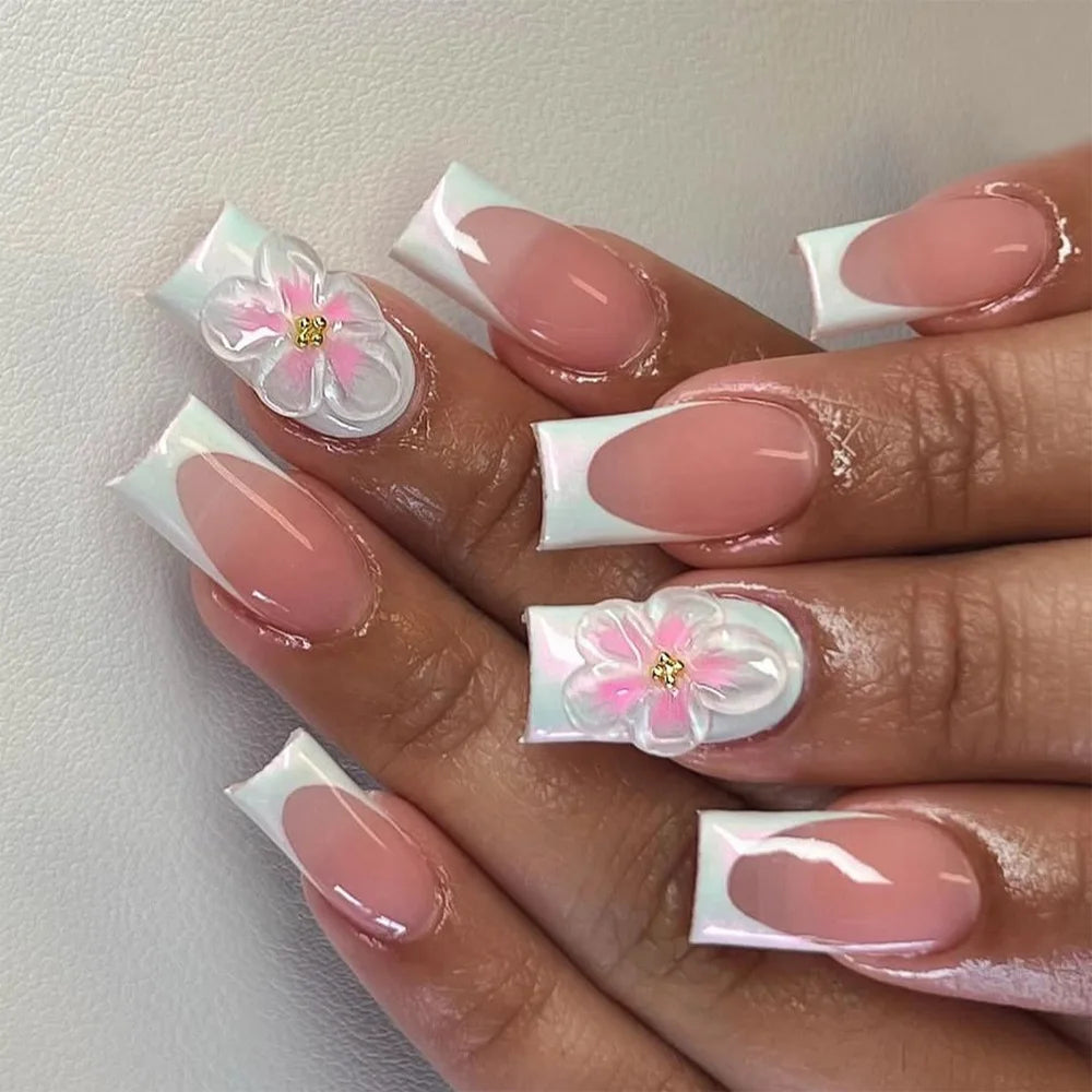 24pcs French Blue Fake Nails Art with Fashion Flower Design Short Square False Nail Tips Finished Reusable Simple False Nail Set