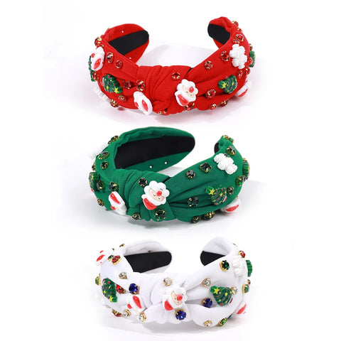 Holiday Christmas Headband - Wide ligature design, sparkling rhinestones, Santa Claus and snowflake pattern