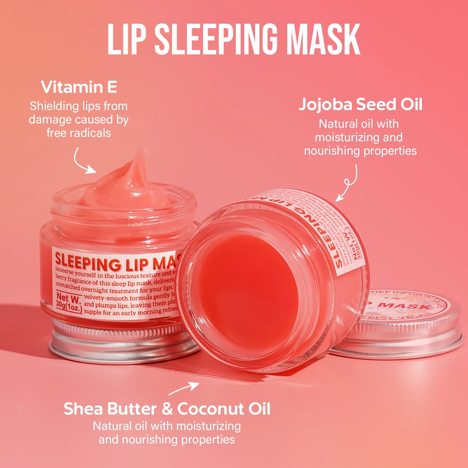 EJW Lip Sleeping Mask: Nourish,Hydrate, Vitamin E,Jojoba Oil, Lip Balm, Lip Skin Care, Improve Lip Color, Reduce Lip Lines.