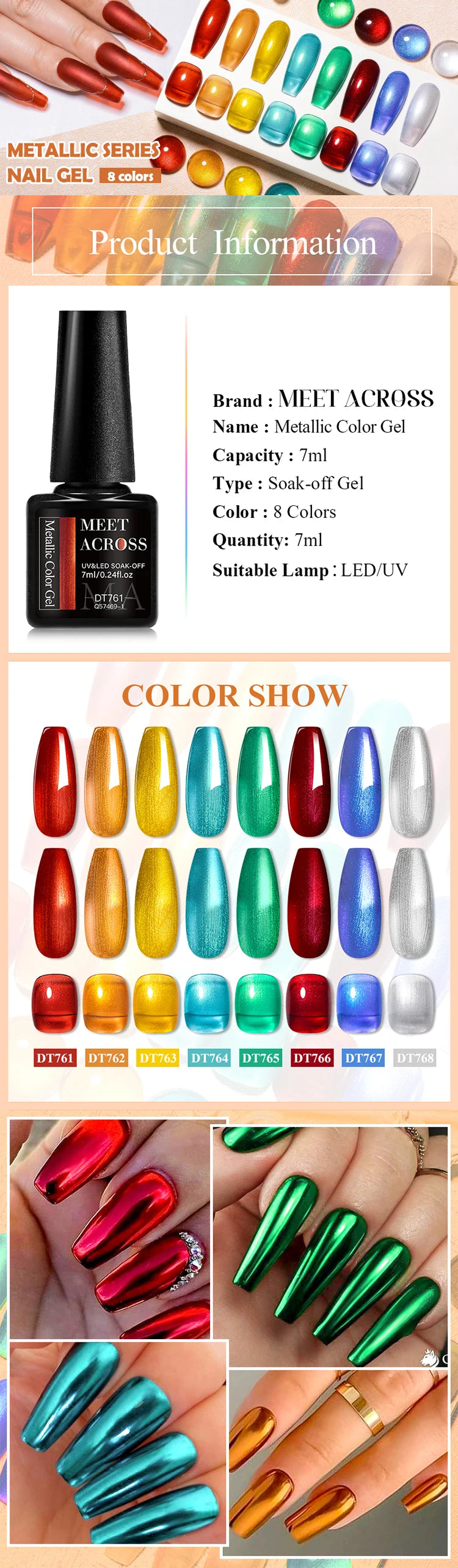 MEET ACROSS 8 Colors Mirror Gel Nail Polish Long-lasting Quick-drying Metallic Gold Silver Red Semi Permanent Varnish Nail Art