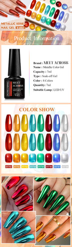 MEET ACROSS 8 Colors Mirror Gel Nail Polish Long-lasting Quick-drying Metallic Gold Silver Red Semi Permanent Varnish Nail Art