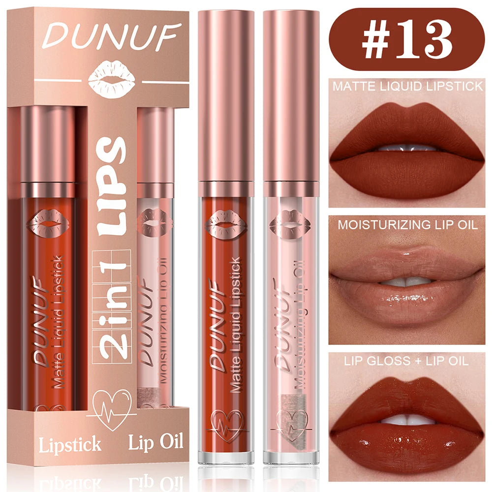 DUNUF Lip Gloss And Lip Oil Set 2-Piece Long-Lasting Waterproof Matte Moisturizing Non-Fading Lipstick Collection
