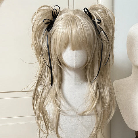 Synthetic Long Curly Wavy Lolita Wig with Bangs Double ponytail Wig Girl Cute Blonde Cosplay Party Halloween Christmas Wig