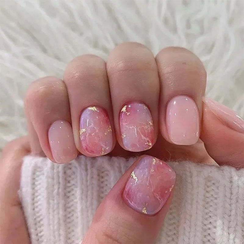 24pcs/set short saure fake nails for Spring summer season french style flowers butterfly design press on false nail art tips