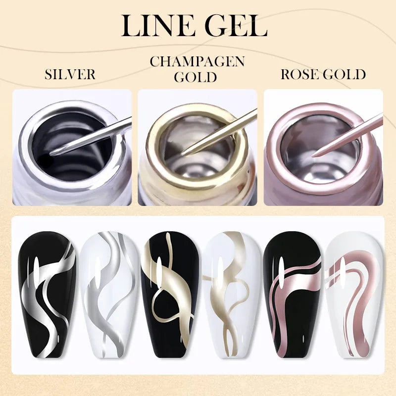 LILYCUTE 3PCS Gold Sliver Metallic Liner Gel Nail Polish French Style Super Bright Mirror Pull Line Graffiti Painting Stripe Gel
