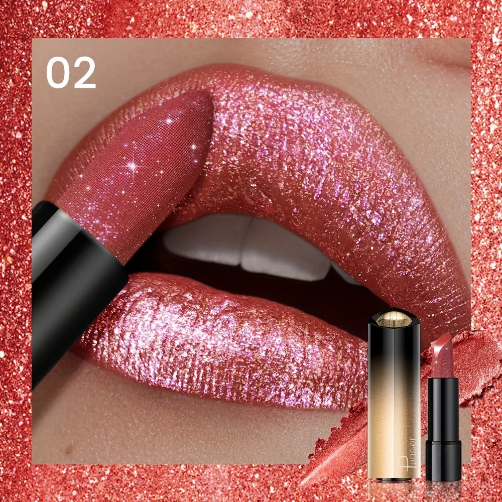 Metallic Shimmer Lipstick, Pearly Glitter Shine, Creamy Texture, High Color Payoff, Smooth Apply, Party Makeup