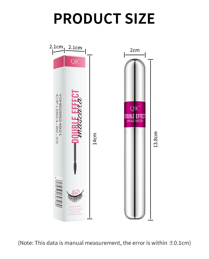 QIC Double Effect 4D Mascara Waterproof Long Curl Natural Thick Eyelash 2-in-1 Black Mascara with 2 Brush Heads