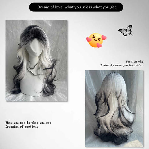 Gray-black Gradient Synthetic Wig Female Twilight Elf Gothic Lolita Wool Curly Long Hair With Bangs Christmas Cosplay Wig