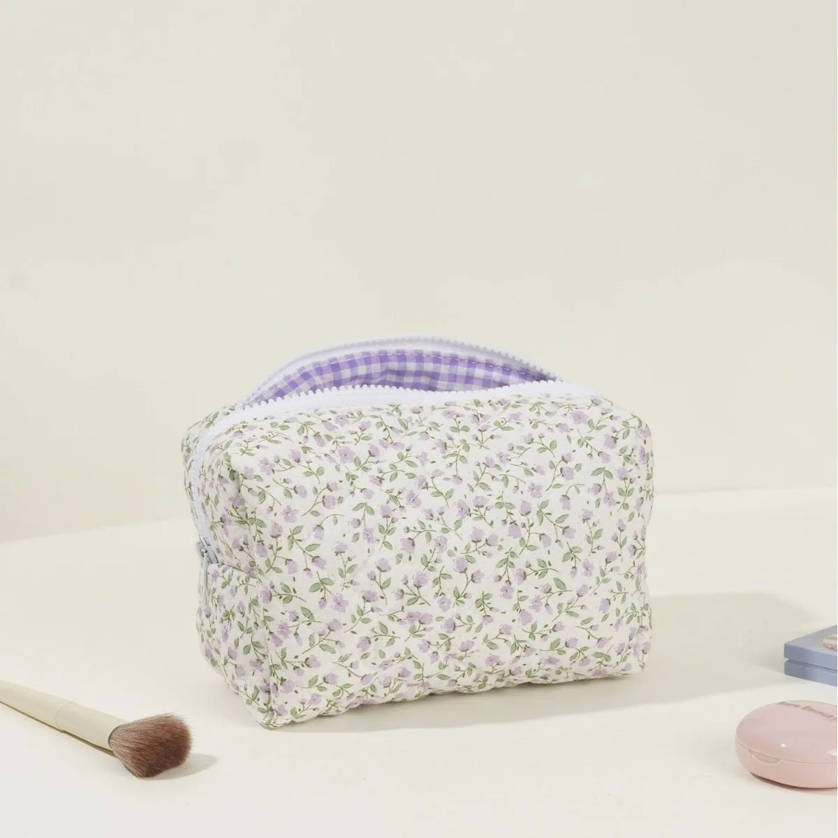 Women's Bag Floral Quilted Cosmetic Bag Large-capacity Cotton Fabric Storage Toiletries Bag For Cute Ladies Checkered Embroidery