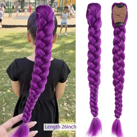 Synthetic Braided Purple Hair Ponytail Rumi Costume Hairstyle 26inch Long Ponytail with Clips for Kids Girls Halloween Christmas