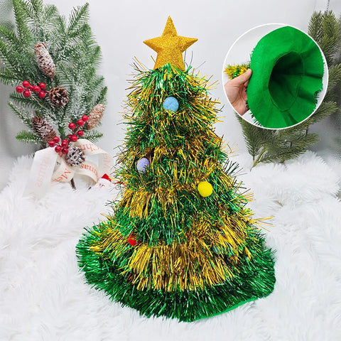 Christmas Tree Hats Fabric Rain Silk Hat for Adults Kids Funny Santa Hat with Tinsel Xmas Holiday Party Costume New Year Decor