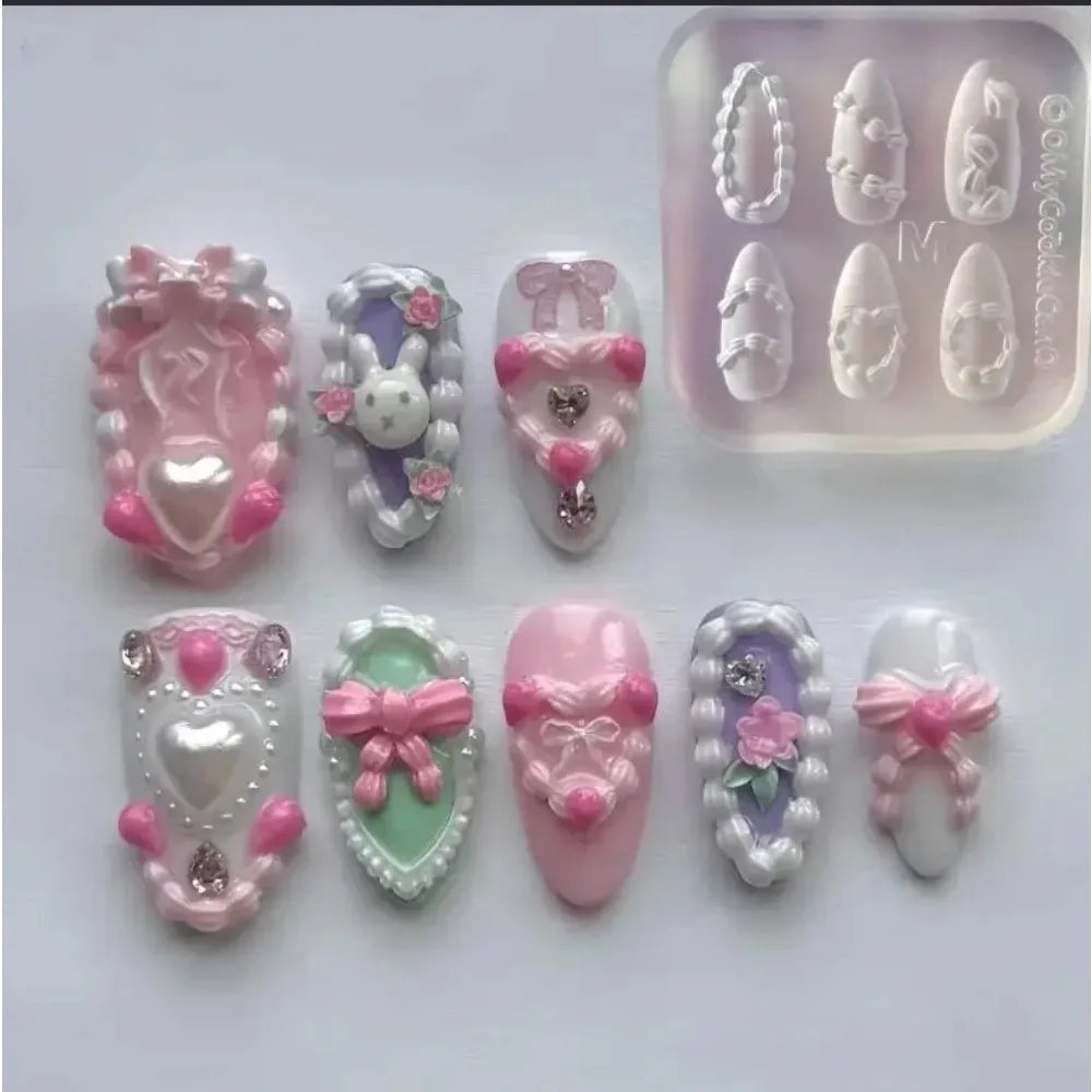 Cake Cream Lace Heart Silicone Nail Mold Sweet Y2K Nail Art Decorations Template DIY Design Transparent Manicure Stencils 1