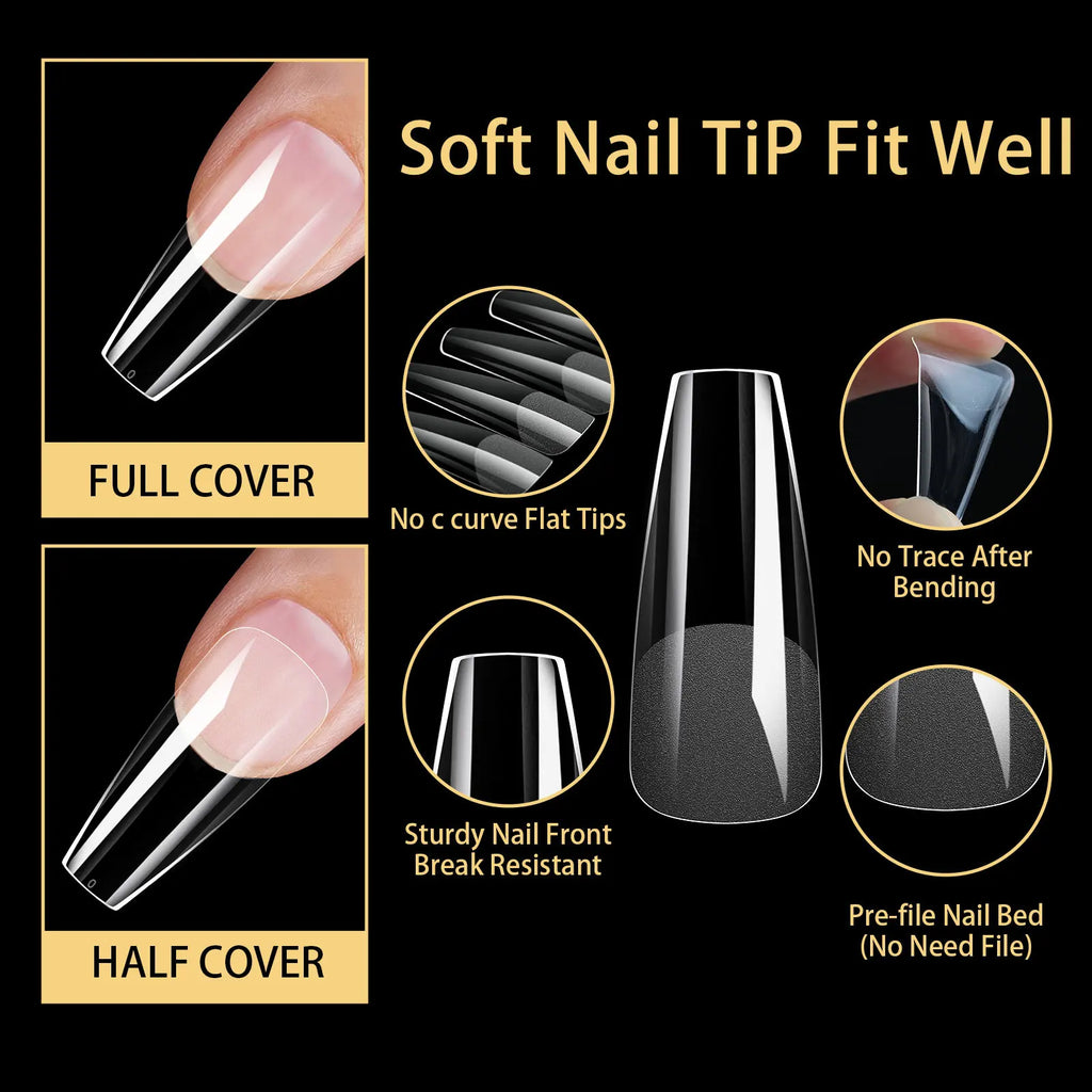 New Soft Gel False Tips 480pcs Almond Square Coffin French Half Frosted Fake Press On Acrylic Nails Full Cover American Capsule