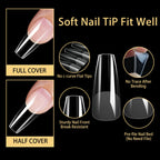 New Soft Gel False Tips 480pcs Almond Square Coffin French Half Frosted Fake Press On Acrylic Nails Full Cover American Capsule