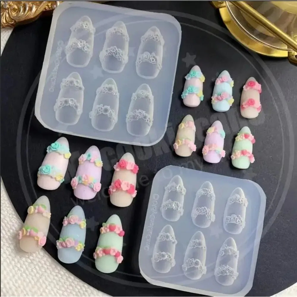 Cake Cream Lace Heart Silicone Nail Mold Sweet Y2K Nail Art Decorations Template DIY Design Transparent Manicure Stencils 1