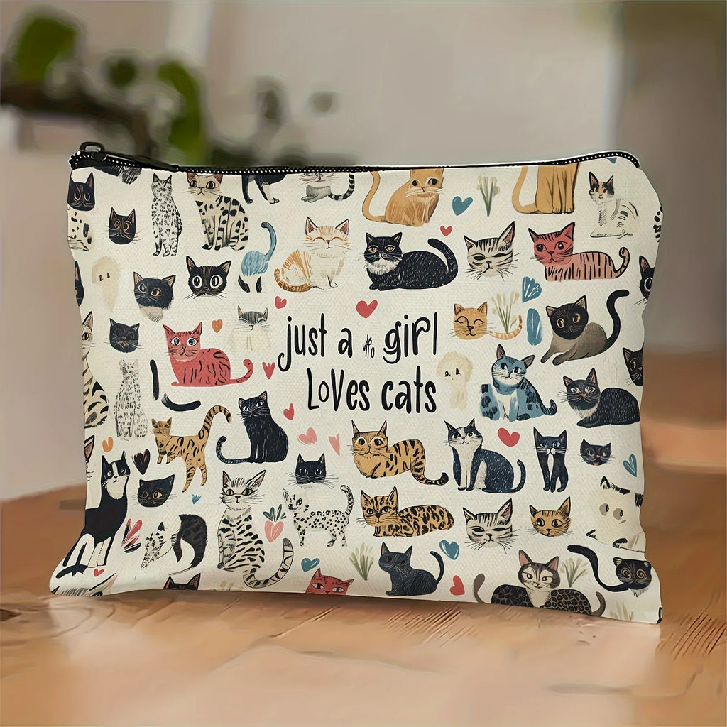 Chic Vintage Cat Print Cosmetic Bag Lightweight Makeup Pouch for Women & Men Coin Purse  Storage Bag Zipper Pencil Case