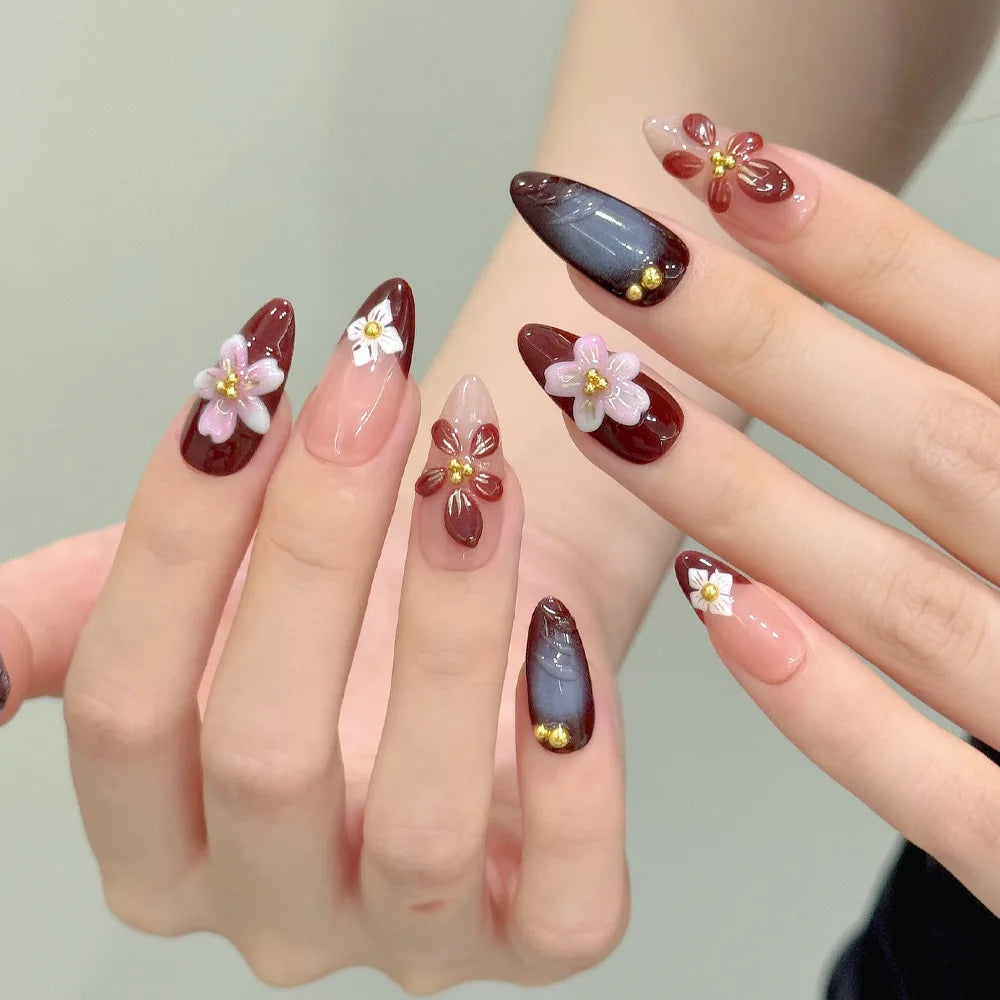 24pcs Tropical Flower Press On Nails Colorful French 3D Crystal Butterfly Shells Pattern Printed False Nails Almond Fake Nail