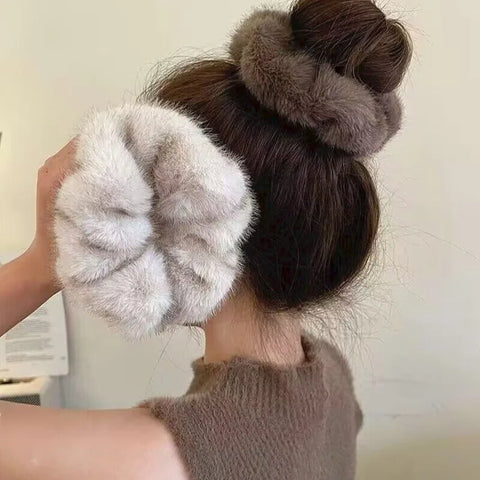 Autumn Winter New Faux Mink Fur Large Scrunchie High-End Bun Hair Tie Durable Hair Rope Leather Hair Accessory  헤어밴드