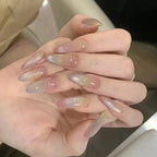 24pcs Glossy Red Cat's Eye Press On Nails Full Cover Nude Color Wearable Almond False Nails Charms Detachable Fake Nail For Girl
