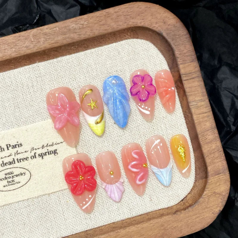 10pcs French Almond Press on Nails Flower False Nails Wearable Stick-on Nails Fake Nail Uñas Postizas Mujer Накладные Ногти 네일팁