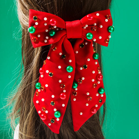 New Christmas Elements Bow Hairpin Women's Fashion Nail Diamond Pearl Holiday Party Spring Clip Hair Accessories