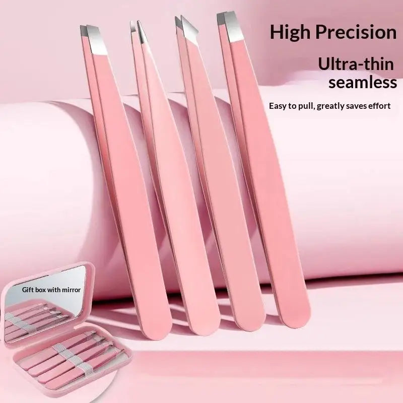 4 Pcs Stainless Steel Eyebrow Clip Tweezers Set Eyebrow Tweezers Eyebrow Trimming Set Beauty And Grooming Tools With Mirror Case