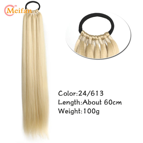 MEIFAN 24 Inch Synthetic Ponytail Extensions Black Natural Braided Pony Tail Hairpiece Long Straight Rubber Band Hair For Women