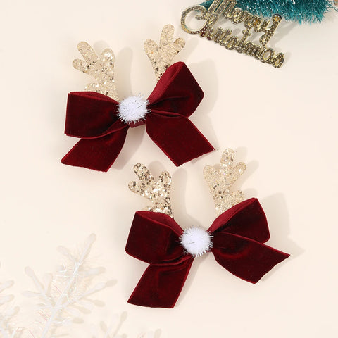 2Pcs Christmas Vintage Burgundy Bow Hair Clips Cute Sparkling Antler Hairpins For Girls New Year Xmas Headdress Hair Accessories