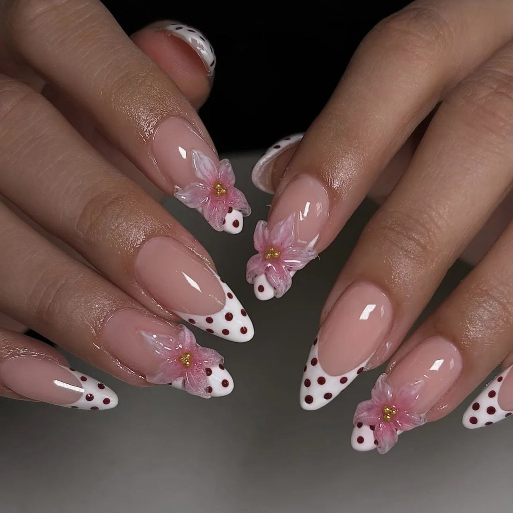 24pcs Tropical Flower Press On Nails Colorful French 3D Crystal Butterfly Shells Pattern Printed False Nails Almond Fake Nail
