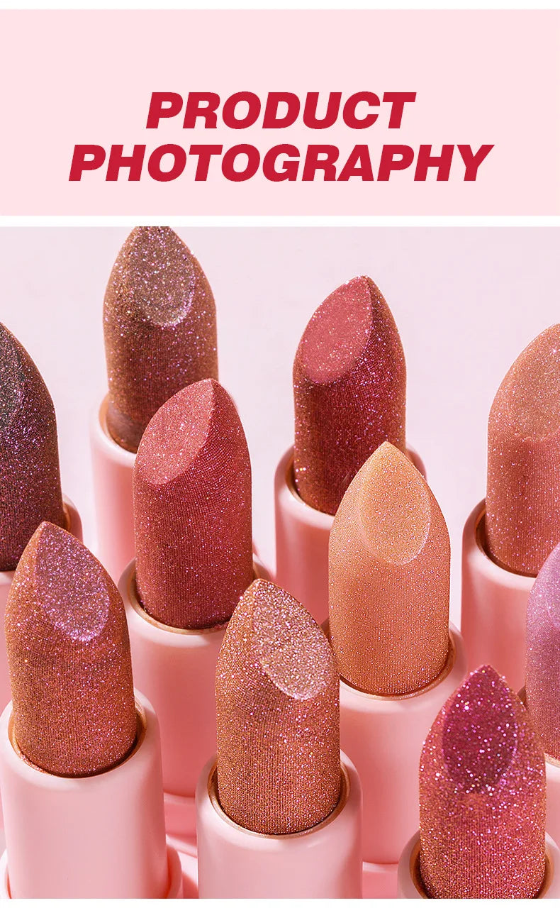 Shimmery Diamond Lipstick 10 Shades Waterproof Glittery Non Transfer Red Lip Tint Smooth Long Wear Pearly Lipstick