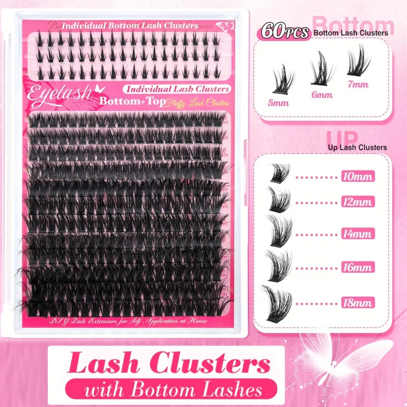 DIY False Eyelash Extension Kit, Individual Lash Clusters Bottom & Upper Lashes, Extra Thick & Fluffy Lashes for Beginners DIY