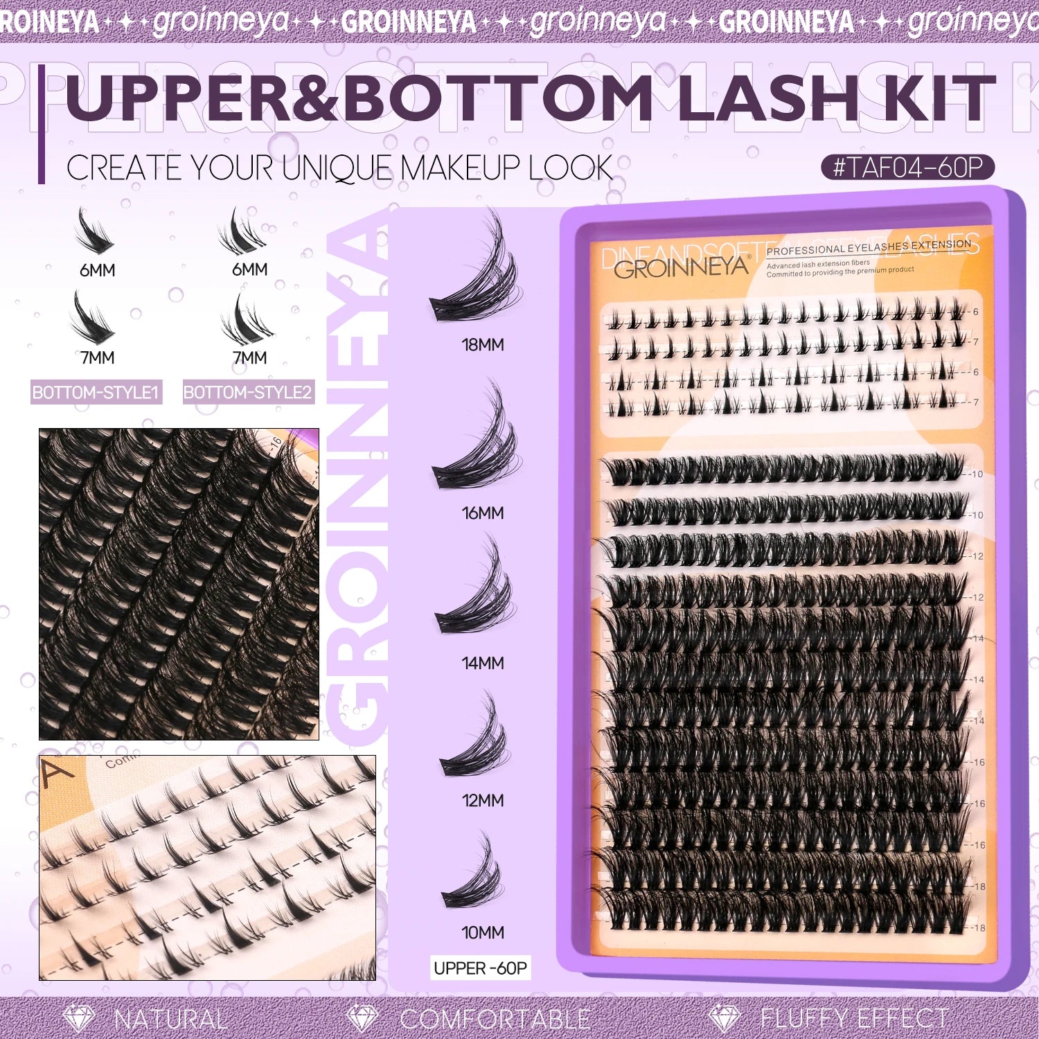 GROINNEYA Lashes Clusters Kit With Lash Bond And Seal And Eyelash Tweezers Waterproof Strong Hold DIY Lash Extension Kit Makeup