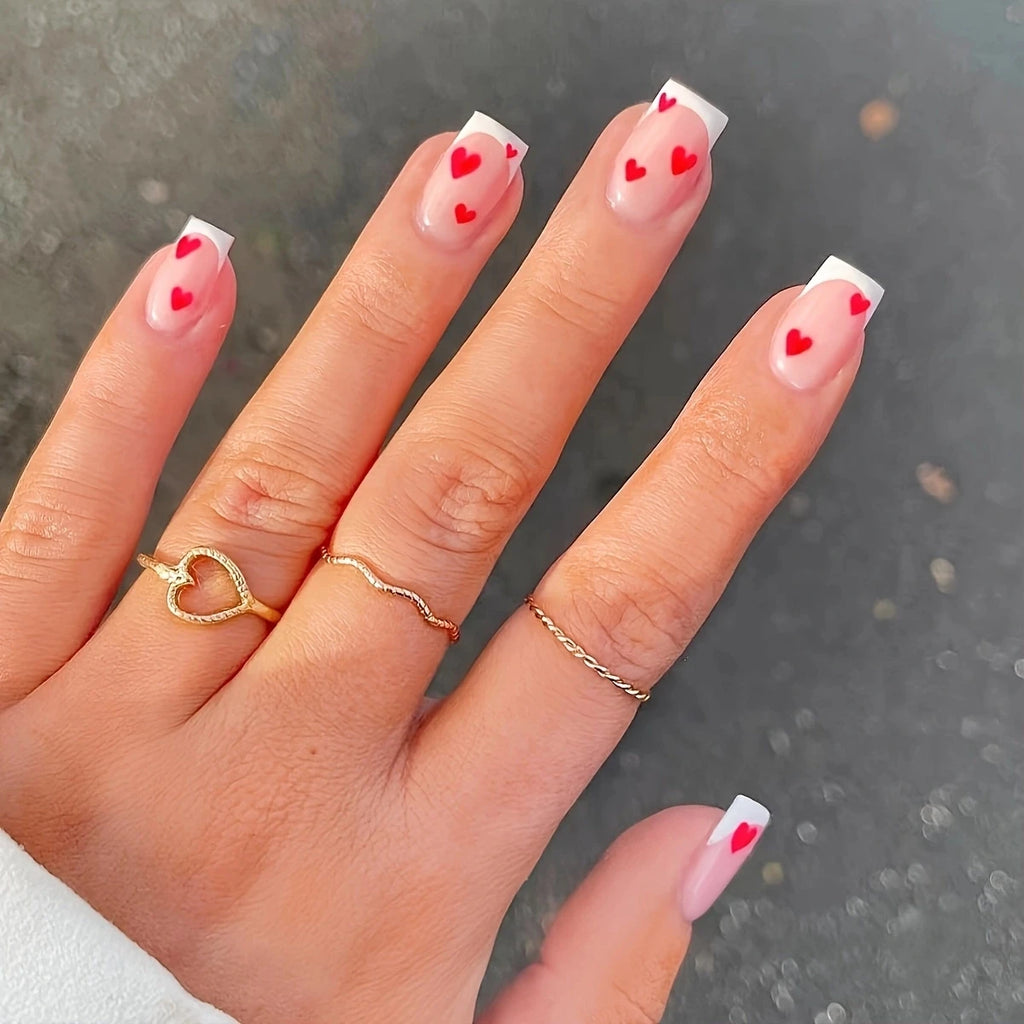 24 PCs Short Square French Heart Simple Nails with 1 Jelly Glue and 1 Nail File