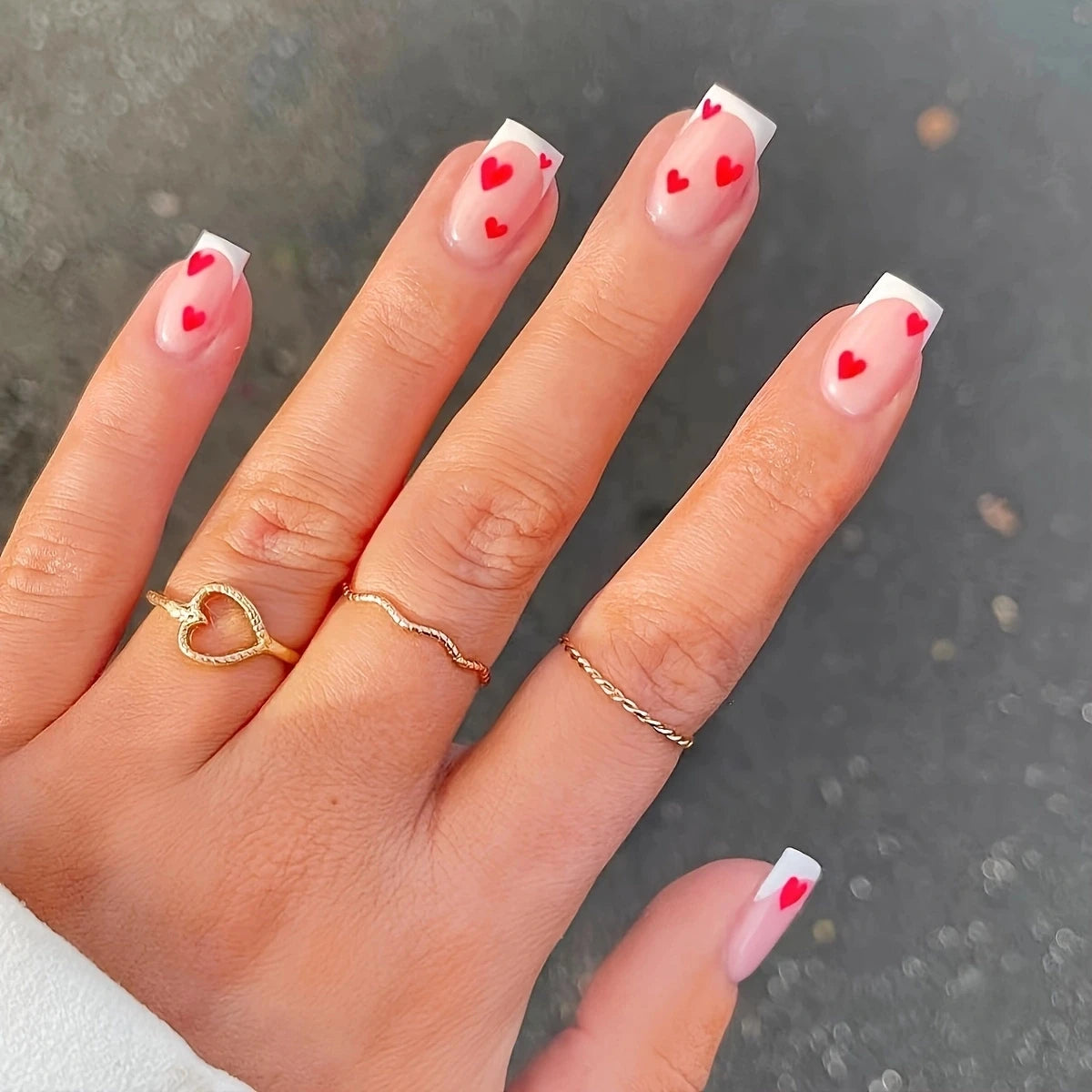 24 PCs Short Square French Heart Simple Nails with 1 Jelly Glue and 1 Nail File