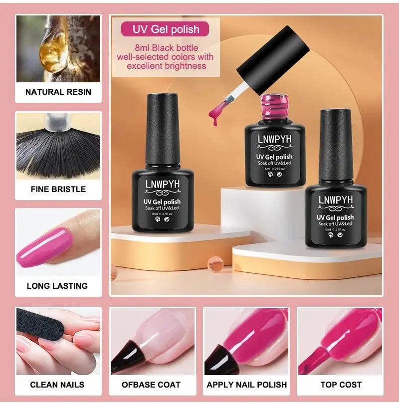 LNWPYH Gel Nail Polish Set Nail Gel Kit 26 Color Semi Permanent UV Led Gel Varnish Soak Off Nail Lacquers Base Coat Top Coat Kit