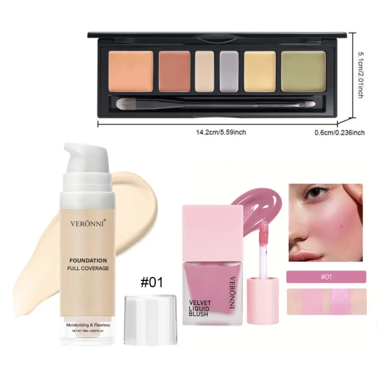 Beginner Makeup Set- Foundation, Concealer &Blush, Fresh Girly Glow,Quick Commuter Face Kit Smooth & Natural Finish, Lightweight