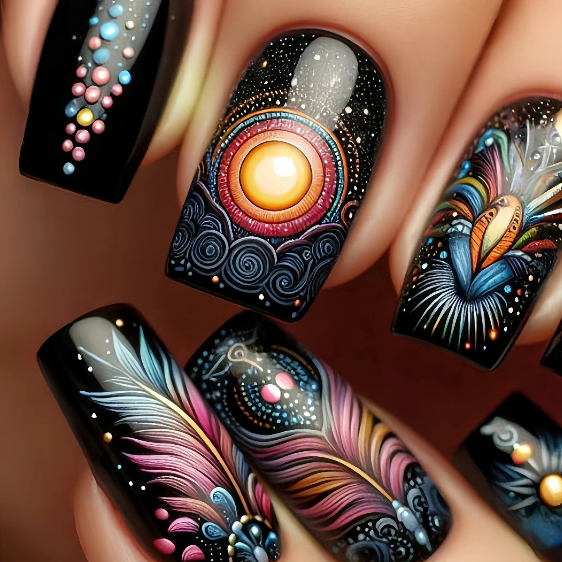 24pcs/set medium long fake nails fashion butterfly feather forest sea wave design gradient blue purple green press on false nail