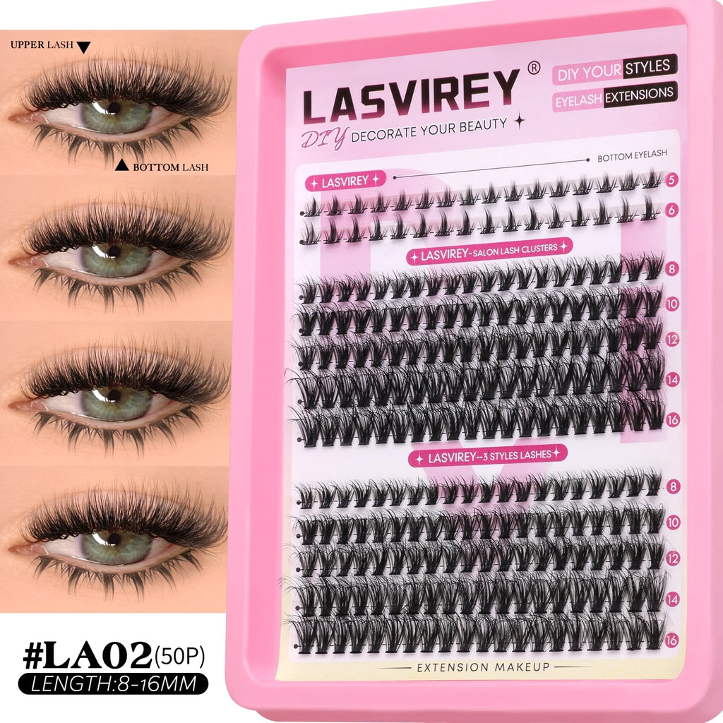 Lasvirey DIY Lashes Kit Fluffy Lash Clusters Kit Mixed Individual Eyelashes with Bottom Lashes Extension Cluster Lashes Makeup