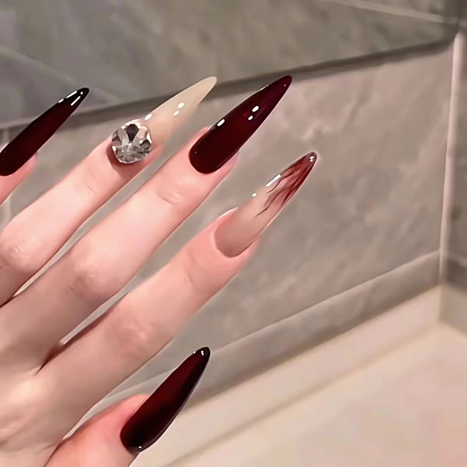 24pcs Black Gradients Long Paragraph Fashion Manicure Patch Reusable Adhesive False Nails Almond Fake Nails Press On Stiletto